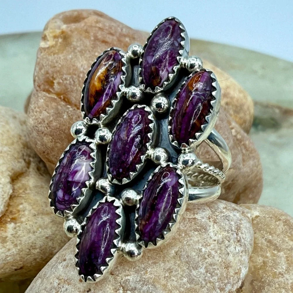 Native American Sterling Silver Purple Spiny Oyster 7-Stone Ring Roberta Begay